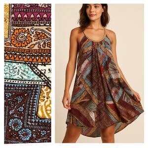 Nina Leonard Patchwork Swing Dress Braided Gold Straps Size M Boho Artsy Earthy